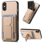 For iPhone X / XS Carbon Fiber Fold Stand Elastic Card Bag Phone Case(Khaki)
