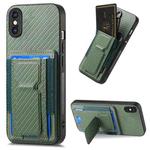 For iPhone X / XS Carbon Fiber Fold Stand Elastic Card Bag Phone Case(Green)