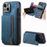For iPhone 15 Plus Retro Leather Zipper Wallet Back Phone Case(Blue)