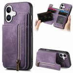 For iPhone 16 Plus Retro Leather Zipper Wallet Back Phone Case(Purple)