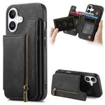 For iPhone 16 Plus Retro Leather Zipper Wallet Back Phone Case(Black)