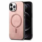 For iPhone 12 Pro Max Solid Color Retro Magsafe PU Back Cover Phone Case(Pink)