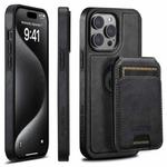 For iPhone 15 Pro Max Suteni M2 Oil Wax MagSafe Horizontal Card Bag Phone Case(Black)