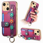 For iPhone 15 Stereoscopic Flowers Wristband Card Bag Phone Case(Purple)