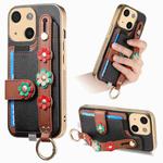 For iPhone 15 Stereoscopic Flowers Wristband Card Bag Phone Case(Black)