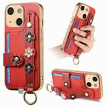 For iPhone 15 Stereoscopic Flowers Wristband Card Bag Phone Case(Red)