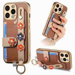 For iPhone 15 Pro Stereoscopic Flowers Wristband Card Bag Phone Case(Brown)