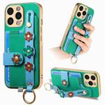 For iPhone 15 Pro Stereoscopic Flowers Wristband Card Bag Phone Case(Green)