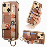 For iPhone 15 Plus Stereoscopic Flowers Wristband Card Bag Phone Case(Brown)