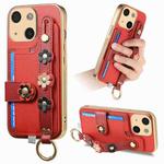 For iPhone 15 Plus Stereoscopic Flowers Wristband Card Bag Phone Case(Red)