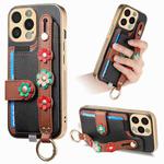 For iPhone 15 Pro Max Stereoscopic Flowers Wristband Card Bag Phone Case(Black)