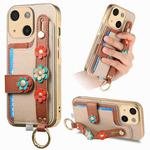 For iPhone 14 Stereoscopic Flowers Wristband Card Bag Phone Case(Khaki)