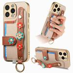 For iPhone 14 Pro Max Stereoscopic Flowers Wristband Card Bag Phone Case(Khaki)