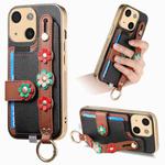 For iPhone 13 Stereoscopic Flowers Wristband Card Bag Phone Case(Black)