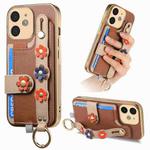 For iPhone 11 Stereoscopic Flowers Wristband Card Bag Phone Case(Brown)
