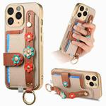 For iPhone 11 Pro Stereoscopic Flowers Wristband Card Bag Phone Case(Khaki)