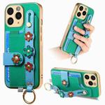 For iPhone 11 Pro Stereoscopic Flowers Wristband Card Bag Phone Case(Green)