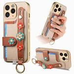 For iPhone 11 Pro Max Stereoscopic Flowers Wristband Card Bag Phone Case(Khaki)