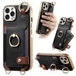 For iPhone 14 Pro Fashion Ring Card Bag Phone Case with Hang Loop(Black)