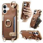 For iPhone 16 Fashion Ring Card Bag Phone Case with Hang Loop(Brown)