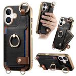 For iPhone 16 Fashion Ring Card Bag Phone Case with Hang Loop(Black)