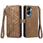 For Honor X50i Geometric Zipper Wallet Side Buckle Leather Phone Case(Brown)