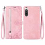For Sony Xperia 10 IV Embossed Flower Zipper Leather Phone Case(Pink)