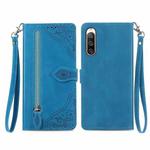 For Sony Xperia 10 IV Embossed Flower Zipper Leather Phone Case(Blue)