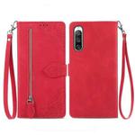 For Sony Xperia 10 IV Embossed Flower Zipper Leather Phone Case(Red)