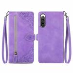 For Sony Xperia 10 IV Embossed Flower Zipper Leather Phone Case(Purple)
