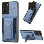 For Samsung Galaxy S21+ 5G Carbon Fiber Fold Stand Elastic Card Bag Phone Case(Blue)