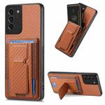 For Samsung Galaxy S21+ 5G Carbon Fiber Fold Stand Elastic Card Bag Phone Case(Brown)