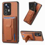 For Xiaomi 12T Carbon Fiber Fold Stand Elastic Card Bag Phone Case(Brown)