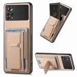 For Xiaomi Poco X4 Pro 5G Carbon Fiber Fold Stand Elastic Card Bag Phone Case(Khaki)