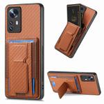 For Xiaomi 12 Carbon Fiber Fold Stand Elastic Card Bag Phone Case(Brown)