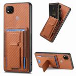 For Xiaomi Redmi 9C Carbon Fiber Fold Stand Elastic Card Bag Phone Case(Brown)