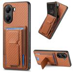 For Xiaomi Poco X7 Pro Carbon Fiber Fold Stand Elastic Card Bag Phone Case(Brown)