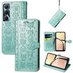 For Realme C65 Cat and Dog Embossed Leather Phone Case(Green)