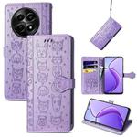 For Realme 12 Cat and Dog Embossed Leather Phone Case(Purple)