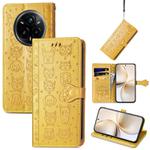 For Realme 14 Pro+ Cat and Dog Embossed Leather Phone Case(Yellow)