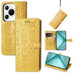 For Huawei Pura 70 Cat and Dog Embossed Leather Phone Case(Yellow)