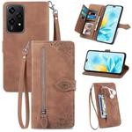 For Honor 200 Lite Global Embossed Flower Zipper Leather Phone Case(Brown)