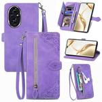 For Honor 200 Pro Embossed Flower Zipper Leather Phone Case(Purple)