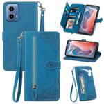 For Motorola Moto G Play 2024 Embossed Flower Zipper Leather Phone Case(Blue)