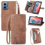 For Motorola Moto G Play 2024 Embossed Flower Zipper Leather Phone Case(Brown)