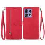 For Motorola Edge 50 Pro Embossed Flower Zipper Leather Phone Case(Red)