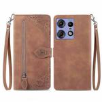 For Motorola Edge 50 Pro Embossed Flower Zipper Leather Phone Case(Brown)