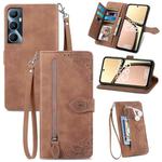 For Realme C65 Embossed Flower Zipper Leather Phone Case(Brown)