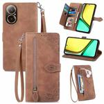 For Realme C67 4G Embossed Flower Zipper Leather Phone Case(Brown)