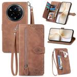 For Realme 14 Pro+ Embossed Flower Zipper Leather Phone Case(Brown)